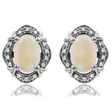 Vintage Inspired Oval Gemstone Earrings with Diamond Frame