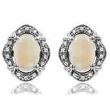 Vintage Inspired Oval Gemstone Earrings with Diamond Frame