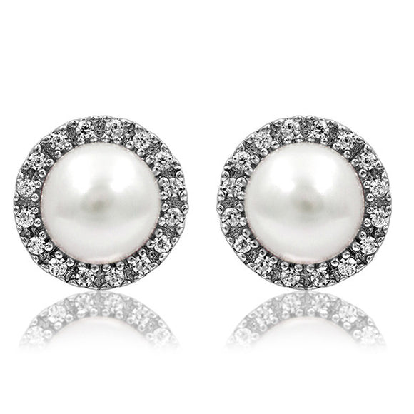 Pearl Stud Earrings with Diamond Frame