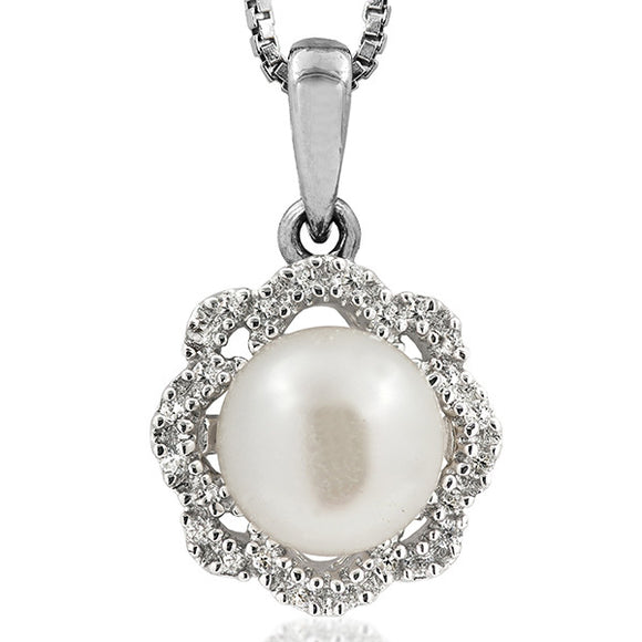 Floral Pearl Pendant with Diamond Frame