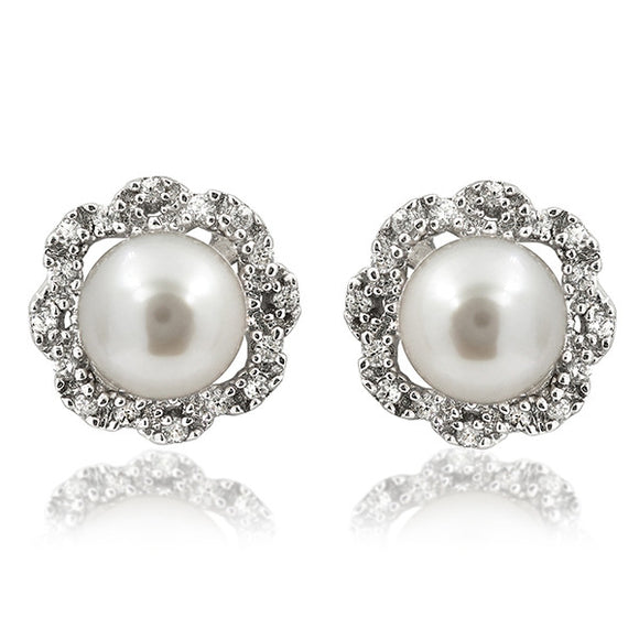 Floral Pearl Stud Earrings with Diamond Frame