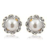 Floral Pearl Stud Earrings with Diamond Frame