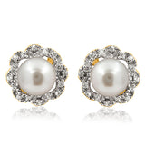 Floral Pearl Stud Earrings with Diamond Frame
