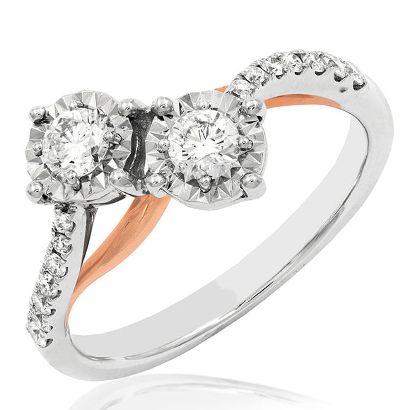 Diamond Two-Stone Illusion Bypass Ring with Rose Gold Accent