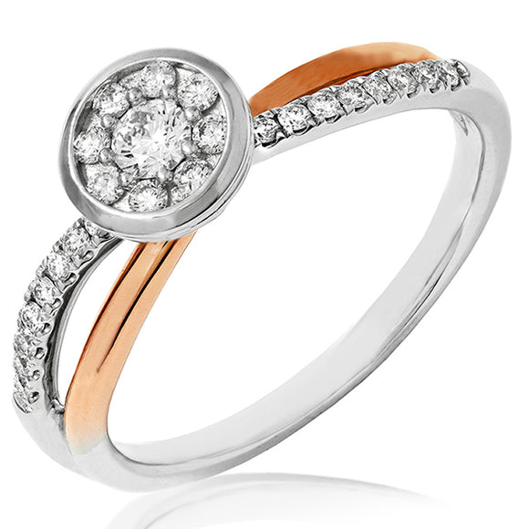 Diamond Cluster Bezel Twist Ring with Rose Gold Accent