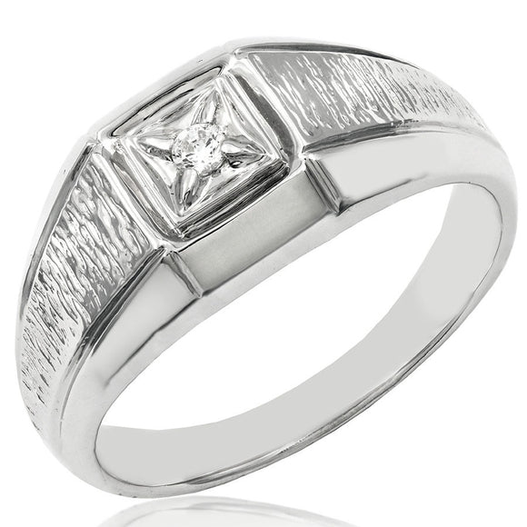 Men's Square Top Single Diamond Ring with Textured Band