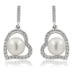 Heart Pearl Earrings with Diamond Frame