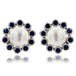 Floral Pearl Stud Earrings Framed with Gemstones