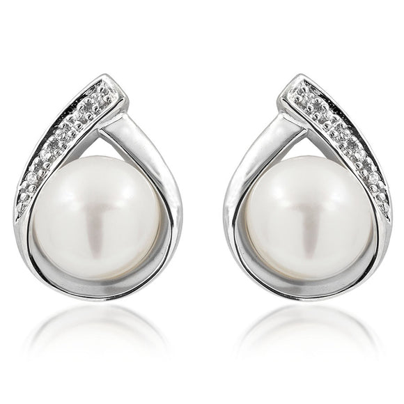 Pearl Teardrop Stud Earrings with Diamond Accent