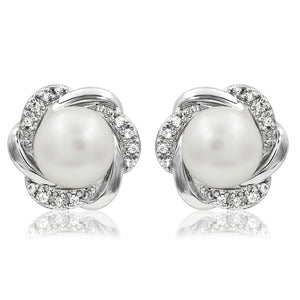 Floral Pearl Stud Earrings with Diamond Accent