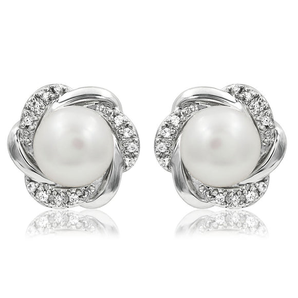 Floral Pearl Stud Earrings with Diamond Accent