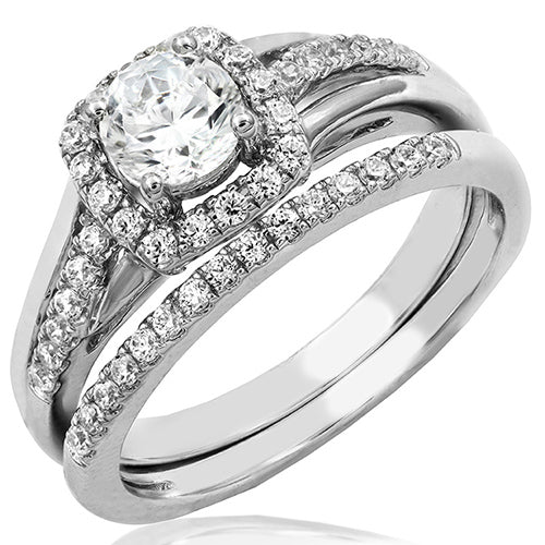 Cushion Semi-Mount Diamond Halo Bridal Ring Set with Triple Shank