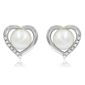 Heart Pearl Stud Earrings with Diamond Accent