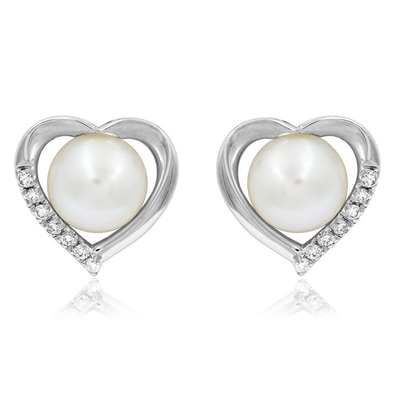 Heart Pearl Stud Earrings with Diamond Accent