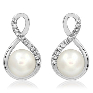 Infinity Pearl Stud Earrings with Diamond Accent
