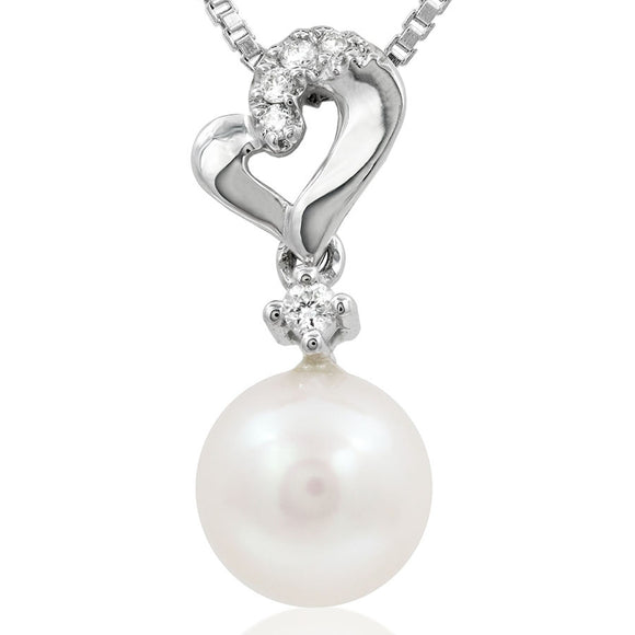 Drop Pearl Pendant with Tilted Heart and Diamond Accent