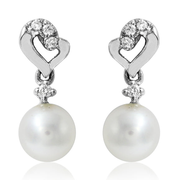 Drop Pearl Earrings with Tilted Heart and Diamond Accent