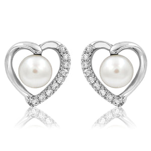 Heart Pearl Stud Earrings with Diamond Accent