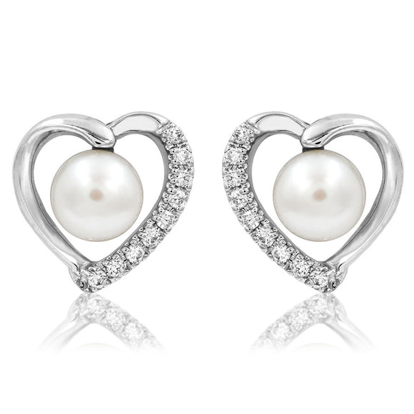 Heart Pearl Stud Earrings with Diamond Accent