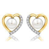 Heart Pearl Stud Earrings with Diamond Accent