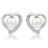 Heart Pearl Stud Earrings with Diamond Accent
