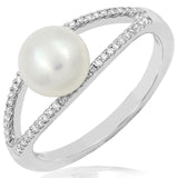 Pearl Ring with Diamond Accent and Split Shoulders