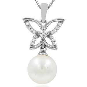 Pearl Drop Butterfly Pendant with  Diamond Accent