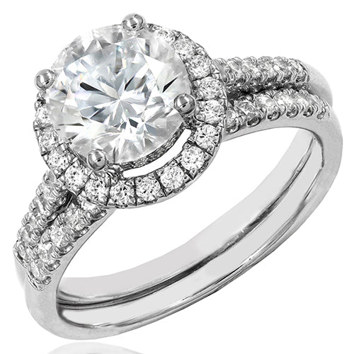 Diamond Semi-Mount Halo Bridal Ring Set with Scallop Set Band