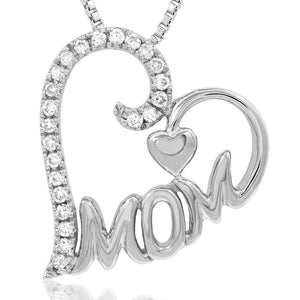 Diamond Tilted Heart "Mom" Pendant