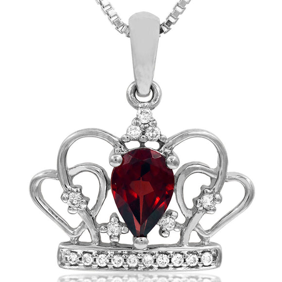 Pear Cut Garnet Crown Pendant with Diamond Accent