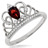 Pear Cut Garnet Crown Ring with Diamond Accent