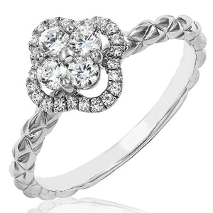 Diamond Cluster Clover Ring with Checkered Band Details