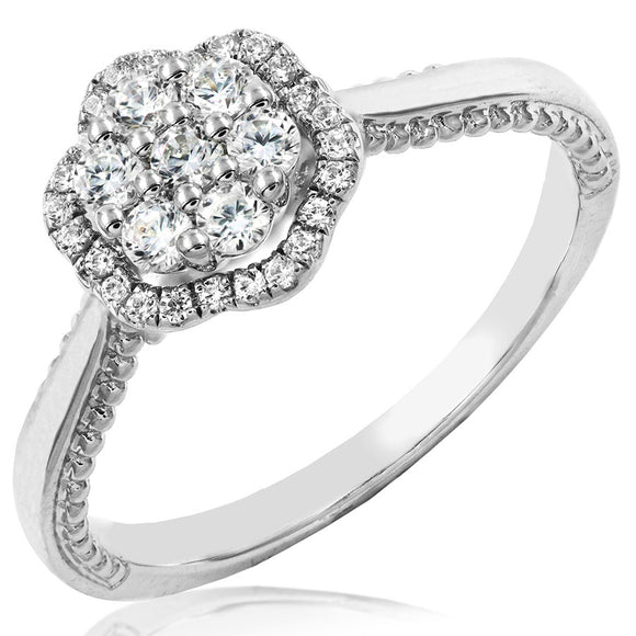 Floral Diamond Halo Ring with Milgrain Band Details