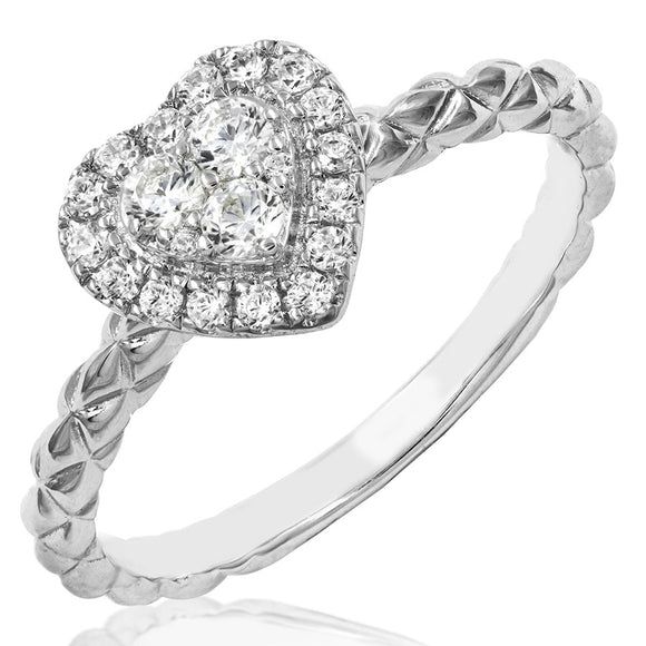Diamond Cluster Heart Ring with Checkered Band Details