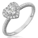 Diamond Halo Heart Ring with Ribbed Band Details