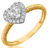 Diamond Halo Heart Ring with Ribbed Band Details