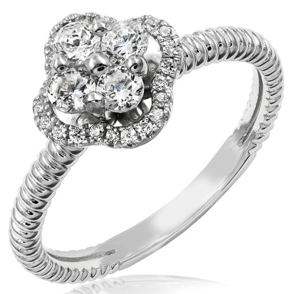 Diamond Cluster Clover Ring with Ribbed Band Details