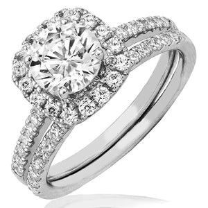 Cushion Semi-Mount Diamond Halo Bridal Ring Set