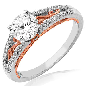 Vintage Semi-Mount Diamond Engagement Ring with Milgrain and Rose Gold Accent and Split Shoulders