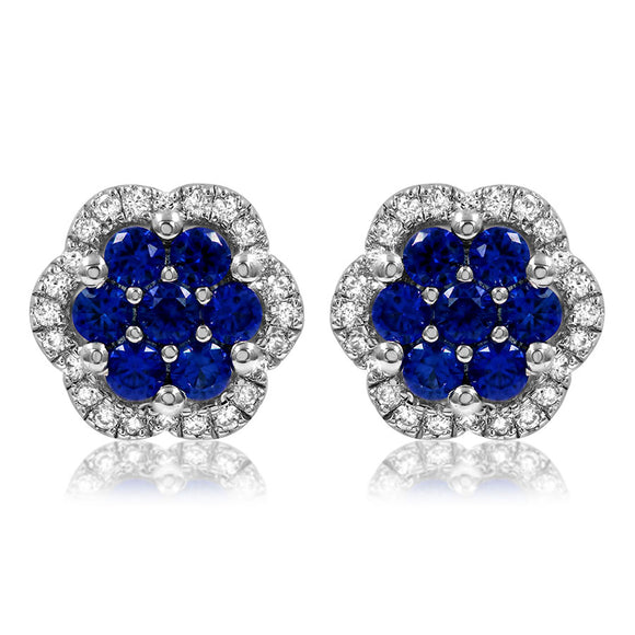 Floral Gemstone Cluster Stud Earrings with Diamond Frame