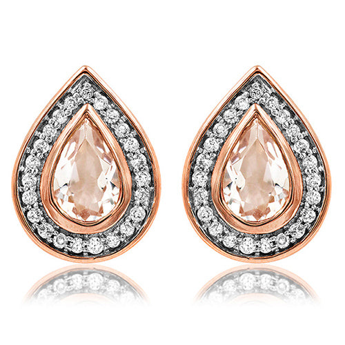 Morganite Teardrop Stud Earrings with Diamond Frame