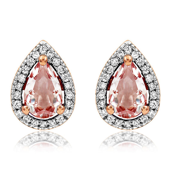 Gemstone Teardrop Stud Earrings with Diamond Frame in Rose Gold