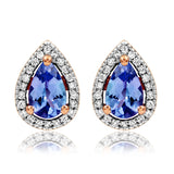 Gemstone Teardrop Stud Earrings with Diamond Frame in Rose Gold